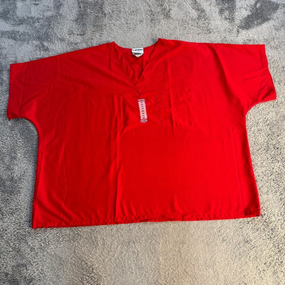 Landau Unisex V Neck Scrub Top 4XL Red Short Sleeve Chest Pocket Poly Cotton